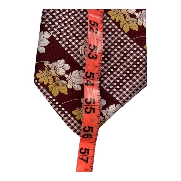 Vintage Oleg Cassini Burgundy Gold Wide Tie 4" Floral Houndstooth Polyester - Picture 5 of 5